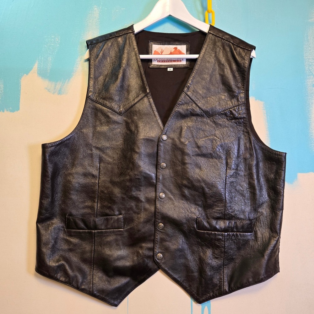 Vintage Saguaro West Vest Trading Oklahoma Black Leather Biker‎ OK 2XL 90s 23x26